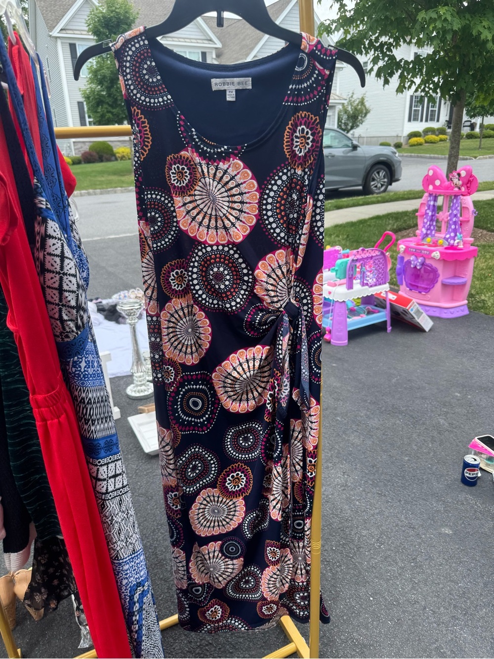 Robbie Bee Navy Sleeveless Medallion Print Maxi Dress with Side Tie